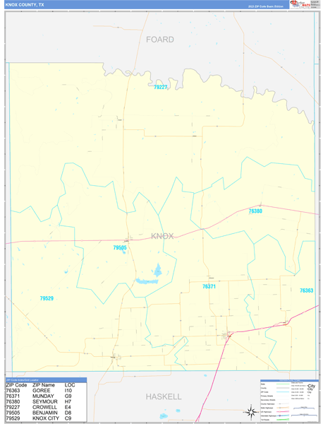 Knox County, TX Zip Code Wall Map