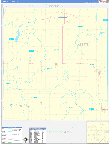 Labette County, KS Zip Code Wall Map