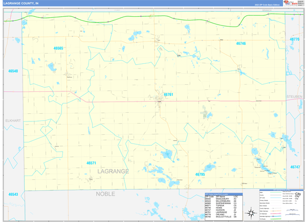 Lagrange County, IN Zip Code Wall Map Basic Style by MarketMAPS - MapSales