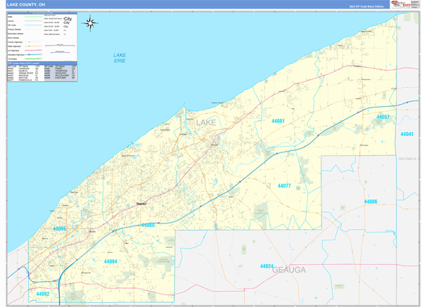 Lake County OH Zip Code Wall Map Basic Style by MarketMAPS MapSales