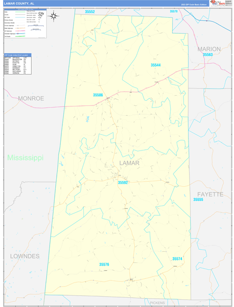 Lamar County, AL Zip Code Wall Map Basic Style by MarketMAPS - MapSales