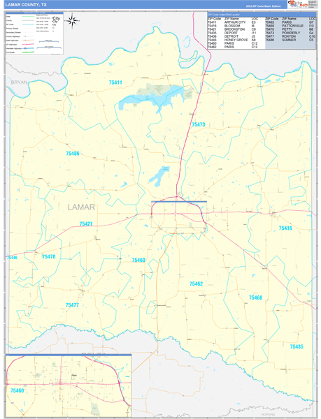 Lamar County, TX Carrier Route Wall Map
