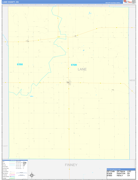 Lane County, KS Wall Map Basic Style