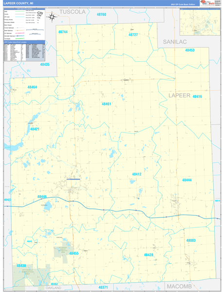 Lapeer County, MI Wall Map Basic Style
