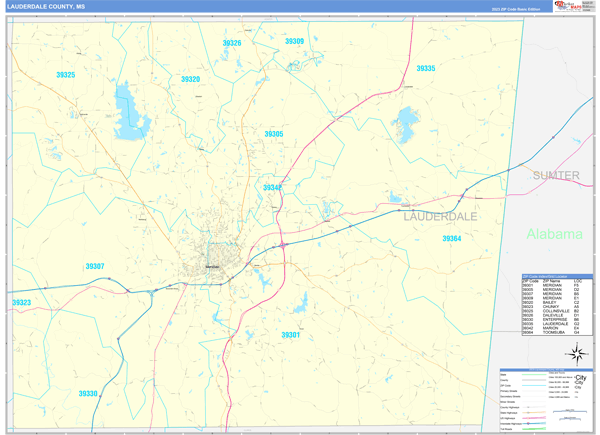 Lauderdale County, MS Wall Map Basic Style