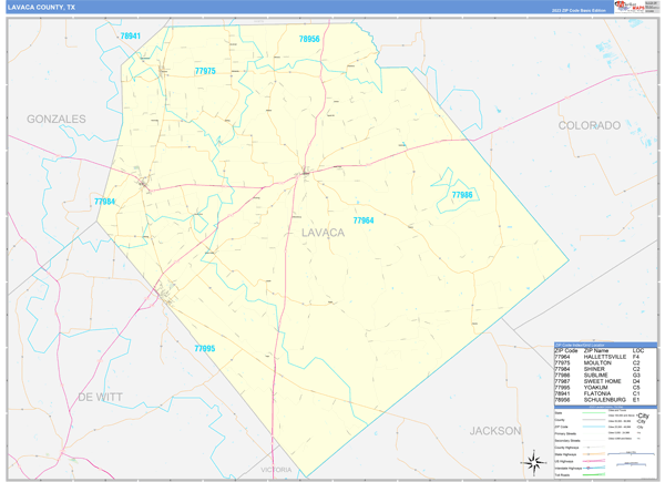 Lavaca County, TX Zip Code Wall Map