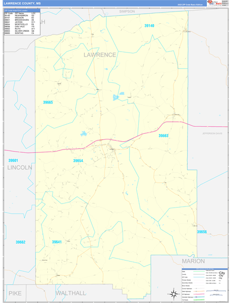 Lawrence County, MS Wall Map Basic Style
