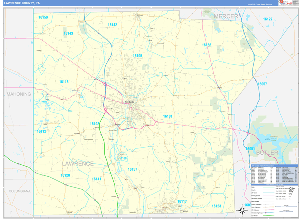 Lawrence County, PA Zip Code Wall Map