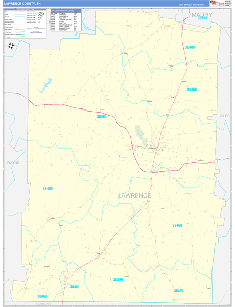 Lawrence County, TN Zip Code Wall Map