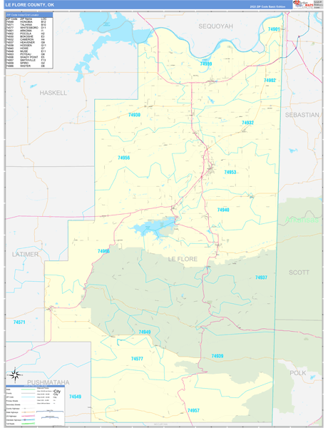 Le Flore County, OK Zip Code Wall Map Basic Style by MarketMAPS - MapSales