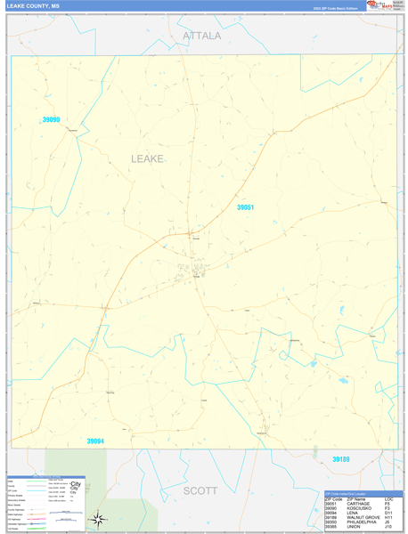 Leake County, MS Wall Map Basic Style