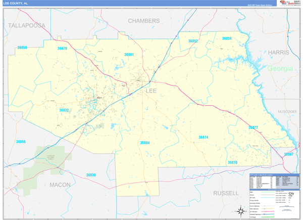 Lee County, AL Zip Code Wall Map Basic Style by MarketMAPS - MapSales