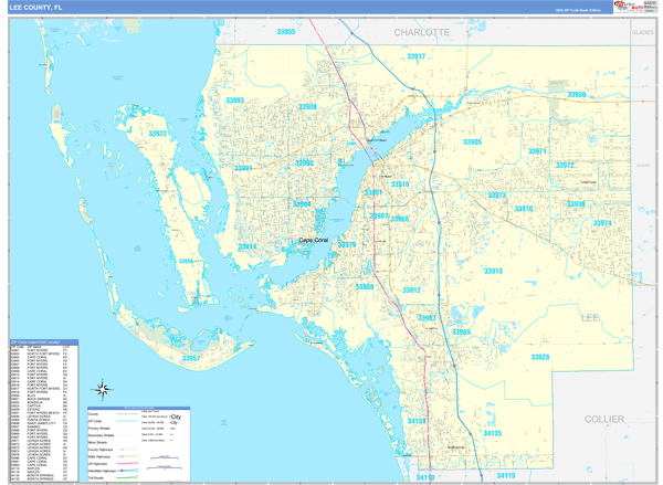 Lee County, FL 5 Digit Zip Code Maps - Red Line