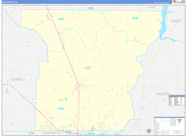 Lee County, GA Zip Code Wall Map Basic Style by MarketMAPS - MapSales