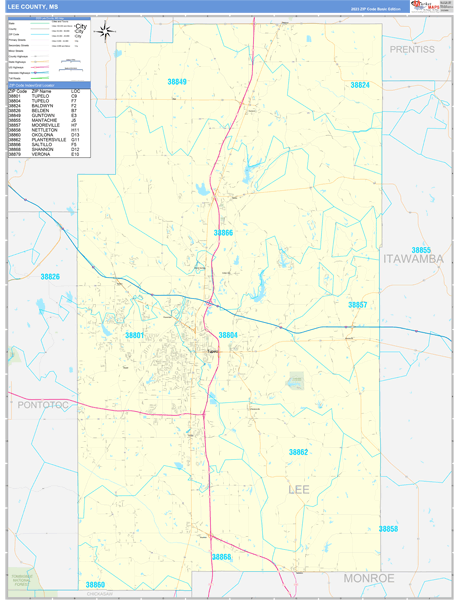 Lee County, MS Carrier Route Wall Map