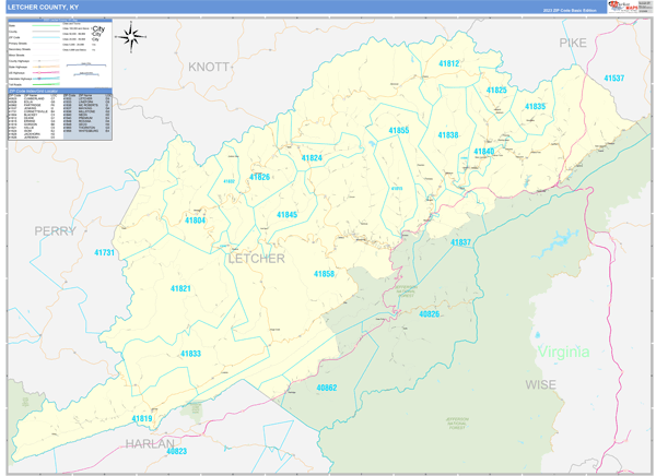 Letcher County, KY Zip Code Wall Map