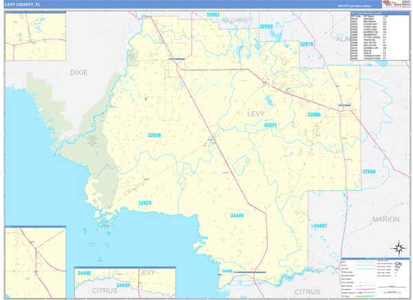 Levy County, FL Zip Code Map