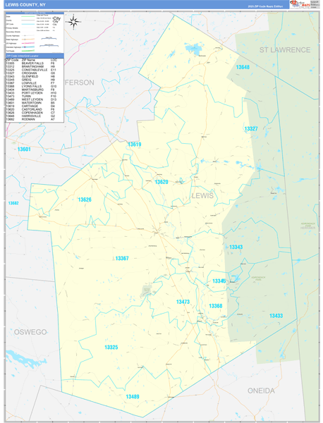 Lewis County, NY Zip Code Wall Map