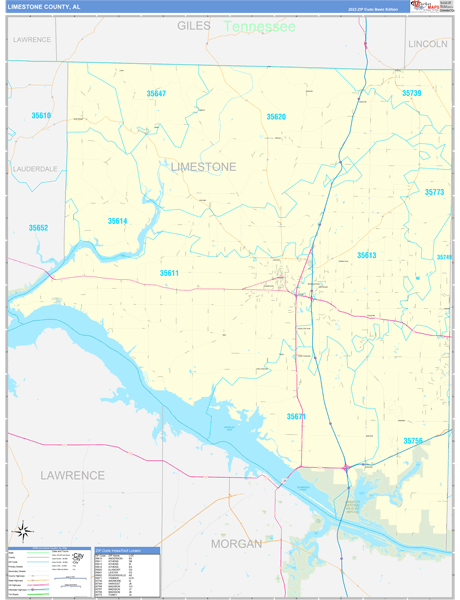 Limestone County, AL Zip Code Wall Map Basic Style by MarketMAPS - MapSales