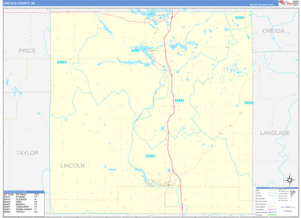 Lincoln County, WI Wall Map Basic Style