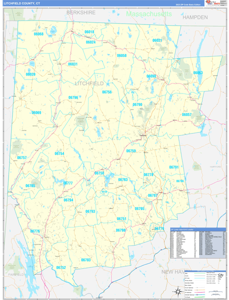 Litchfield County, CT Zip Code Wall Map Basic Style by Mar