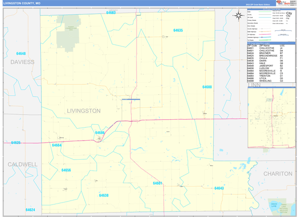 Livingston County, MO Zip Code Wall Map
