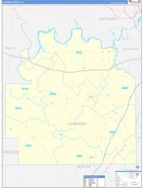 Lowndes County Wall Map Basic Style