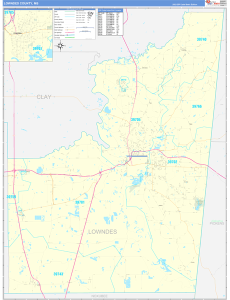 Lowndes County, MS Zip Code Wall Map
