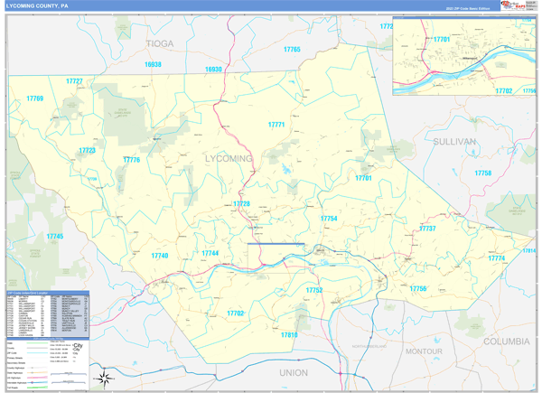 Lycoming County, PA Zip Code Wall Map