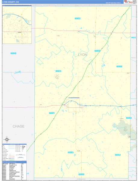 Lyon County, KS Zip Code Wall Map