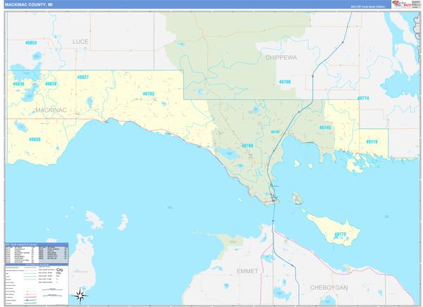 Mackinac County, MI Wall Map Basic Style