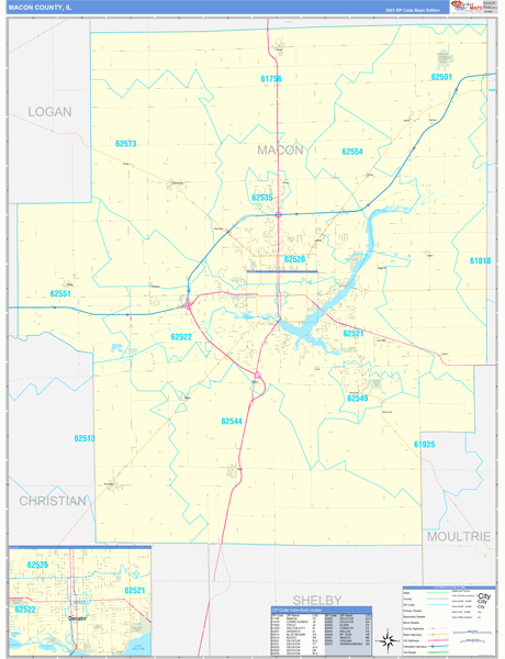 Macon County, IL Wall Map Basic Style