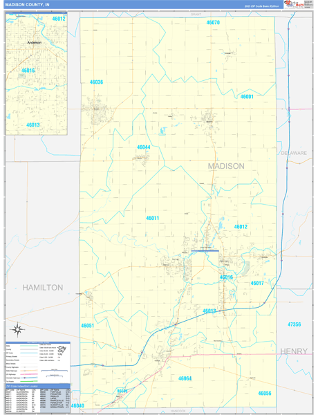 Madison County, IN Zip Code Wall Map Basic Style by MarketMAPS