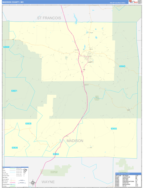 Madison County, MO Zip Code Wall Map