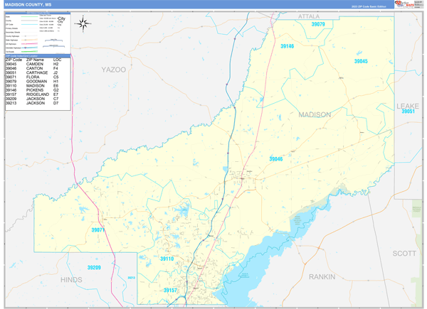 Madison County, MS Zip Code Wall Map