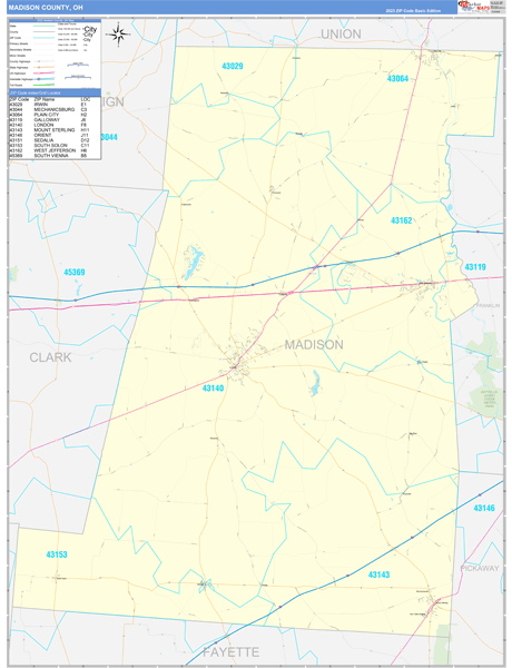 Madison County, OH Zip Code Wall Map
