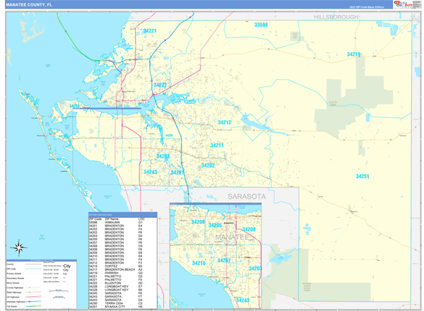 Manatee County Fl Zip Code Wall Map Basic Style By Marketmaps