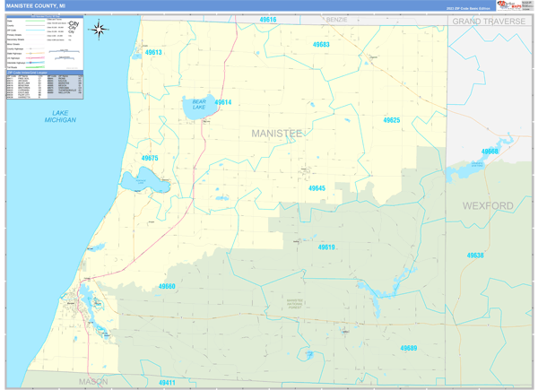Manistee County, MI Zip Code Wall Map