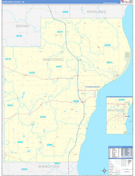 Manitowoc County, WI Zip Code Wall Map