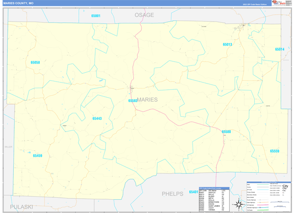 Maries County, MO Zip Code Wall Map
