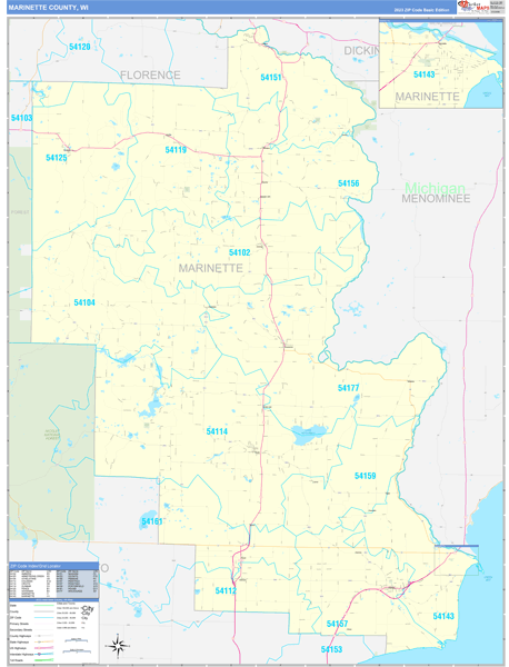 Marinette County, WI Wall Map Basic Style
