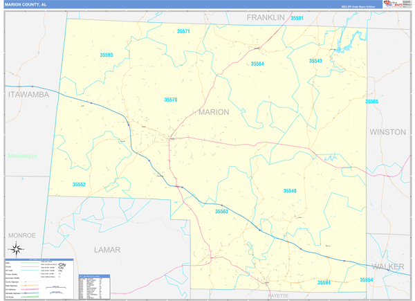 Marion County, AL Zip Code Wall Map