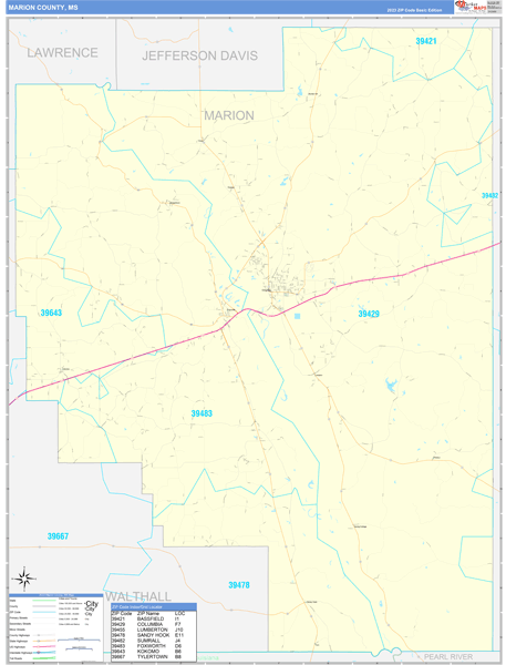Marion County, MS Zip Code Wall Map