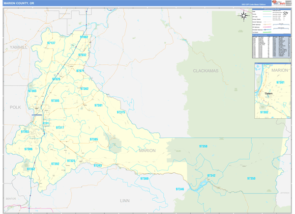 Marion County, OR Zip Code Wall Map