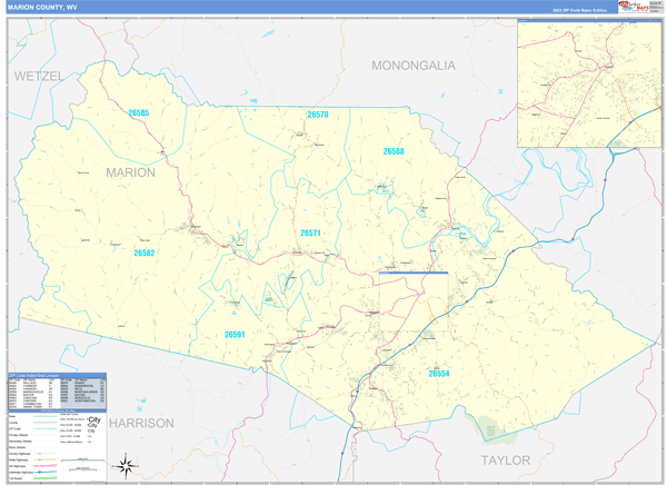 Marion County, WV Zip Code Wall Map