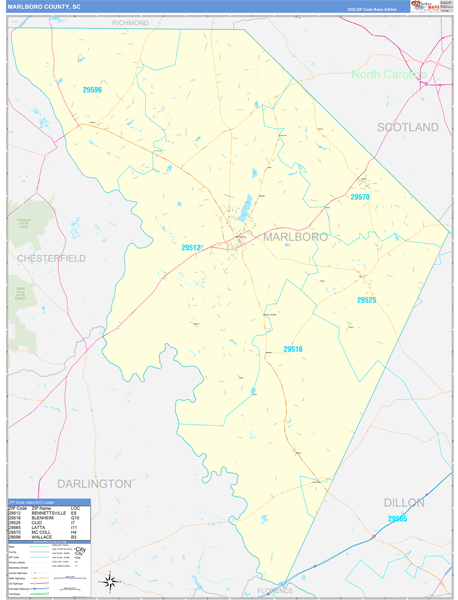Marlboro County, SC Zip Code Wall Map