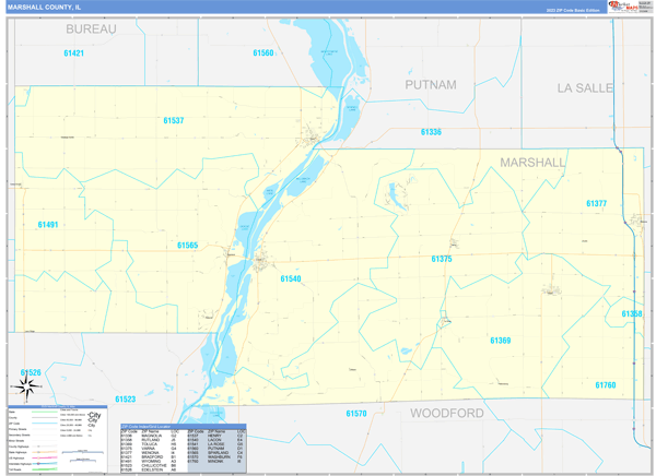 Marshall County IL Zip Code Wall Map Basic Style by MarketMAPS MapSales