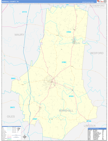 Marshall County, TN Zip Code Map