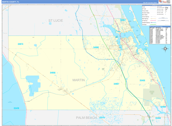 Martin County, FL Zip Code Wall Map