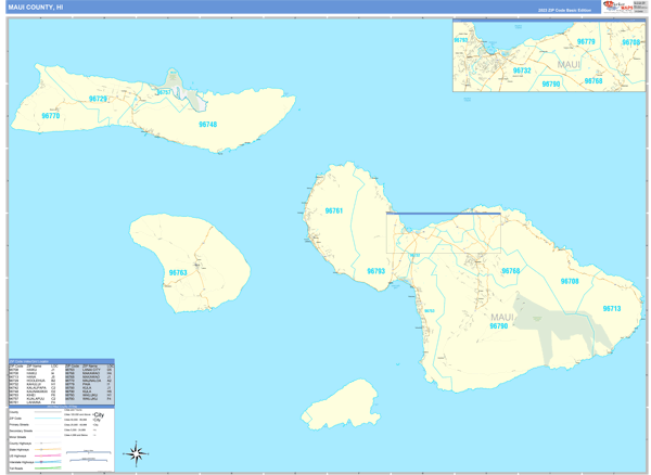 Maui County, HI Zip Code Wall Map Basic Style by MarketMAPS - MapSales